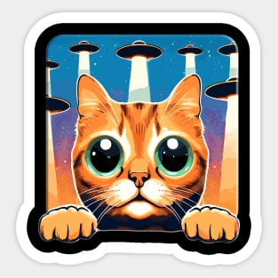 Big Eyed Funny Cat Selfie With UFOs Behind Sticker